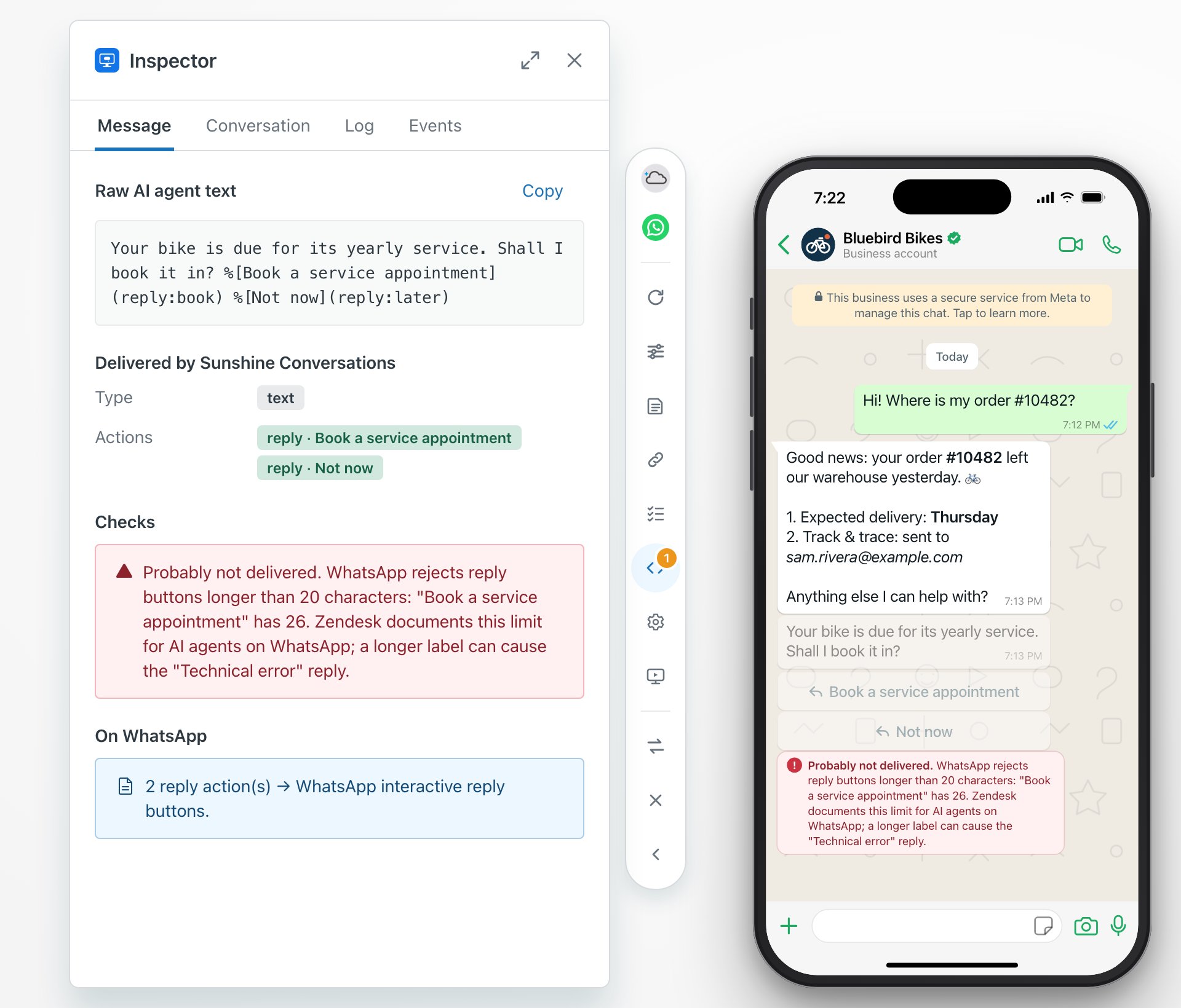In the example, a WhatsApp preview of the fictional shop Bluebird Bikes in which the last message is greyed out. The red note under it reads Probably not delivered. WhatsApp rejects reply buttons longer than 20 characters: Book a service appointment has 26, followed by the note that Zendesk documents this limit for AI agents on WhatsApp and that a longer label can cause the Technical error reply. The inspector next to it shows the same finding under Checks, and a channel note for WhatsApp.