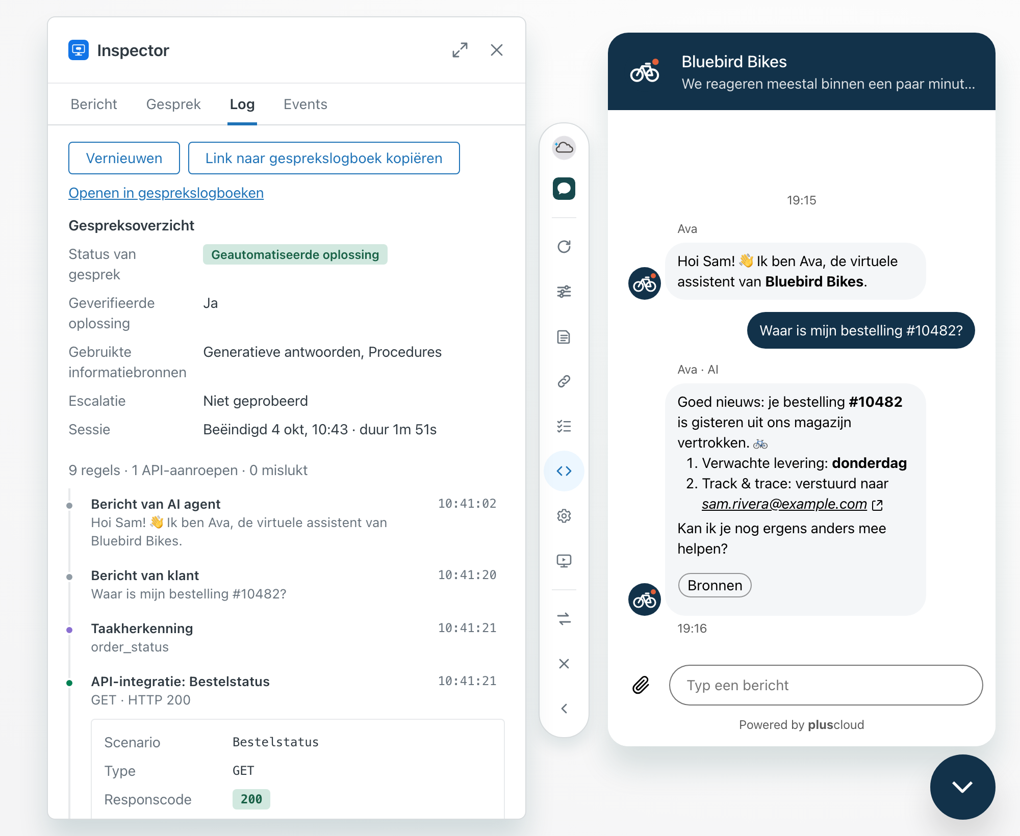 In het voorbeeld de inspector op het tabblad Log, bij een gesprek van de fictieve fietsenwinkel Bluebird Bikes. Het gespreksoverzicht toont de status Geautomatiseerde oplossing, Geverifieerde oplossing Ja, Generatieve antwoorden en Procedures als bronnen, Escalatie Niet geprobeerd en de duur van de sessie. Daaronder staan regels voor berichten, taakherkenning en een API-integratie Bestelstatus met responscode 200, de requestparameter en de variabelen-mapping, waarvan één waarde gemaskeerd.