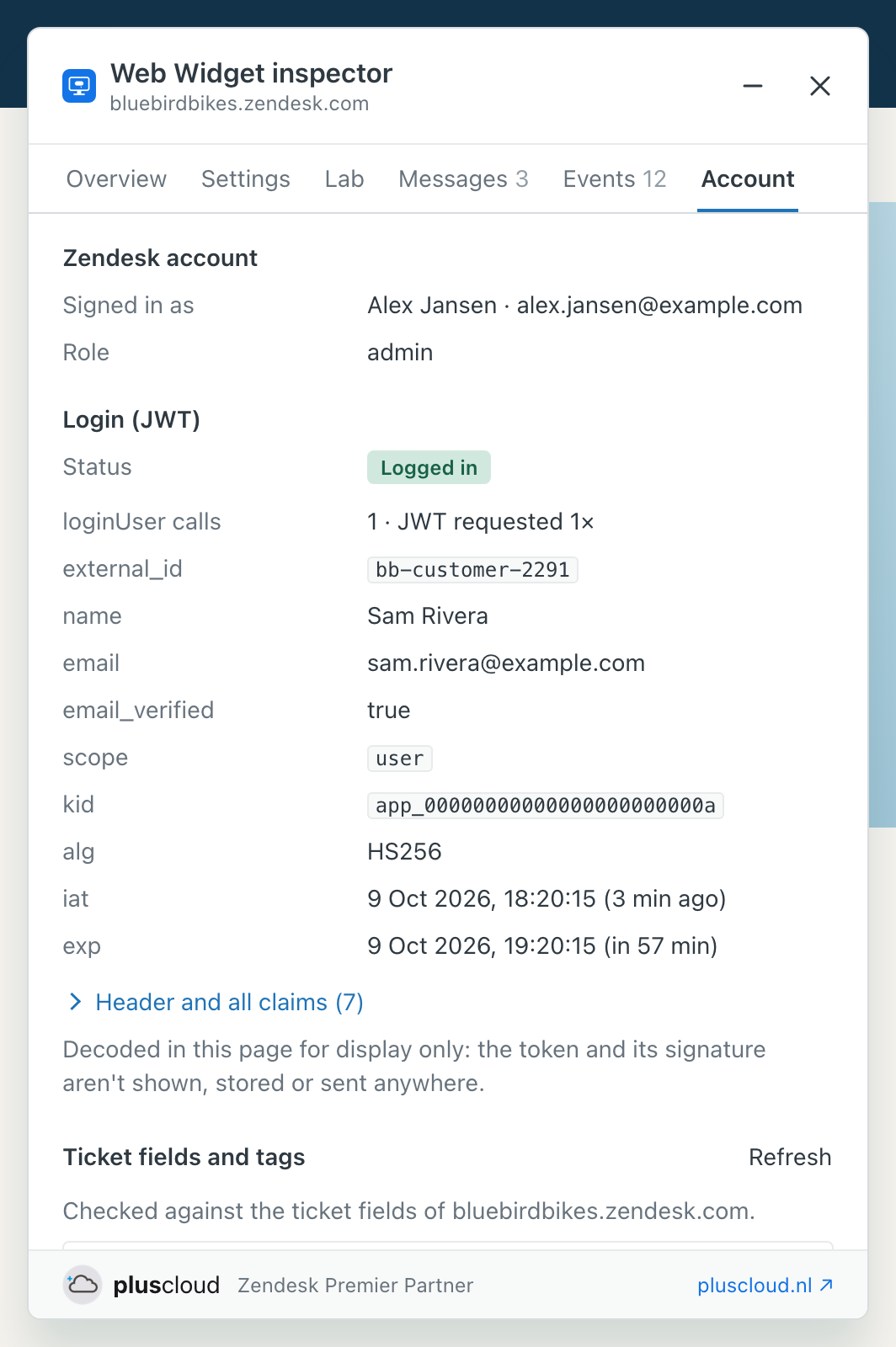 In the example, the Account tab of the Web Widget inspector, signed in as Alex Jansen, a fictional admin of the fictional shop Bluebird Bikes. Under Login (JWT) the status is Logged in, with one loginUser call and the claims of the token: external_id bb-customer-2291, the name and email of the fictional customer Sam Rivera, email_verified true, scope user, a kid, alg HS256 and the issue and expiry times. A note says the token is decoded in the page for display only. Below starts Ticket fields and tags.