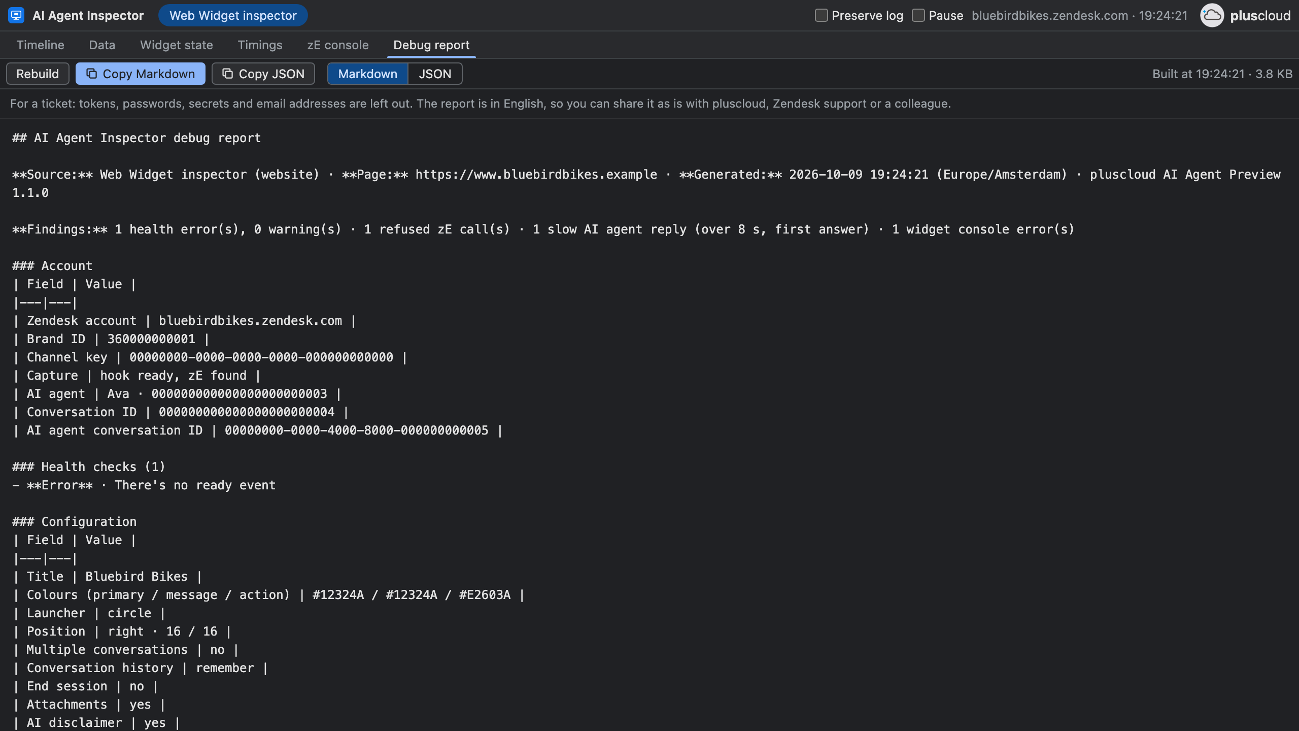 In the example, the Debug report view of the AI Agent Inspector tab, with the buttons Copy Markdown, Copy JSON and Rebuild above a Markdown report that starts with the account, the checks and the conversation of the fictional shop Bluebird Bikes.