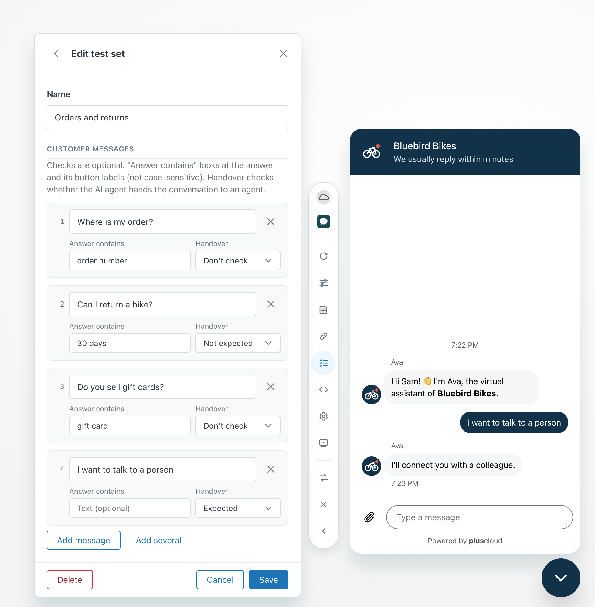In the example, the Test sets panel next to the preview, editing the test set Orders and returns of the fictional shop Bluebird Bikes. Each customer message has a field Answer contains and a Handover choice, with the buttons Add message, Add several and Save at the bottom.