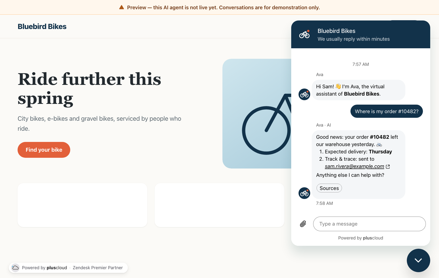 In the example, a presentation on the website of the fictional shop Bluebird Bikes. An orange bar at the top says the AI agent is not live yet and that conversations are for demonstration only. The Web Widget with a test conversation is open on the right, and Powered by pluscloud, Zendesk Premier Partner is shown at the bottom left.