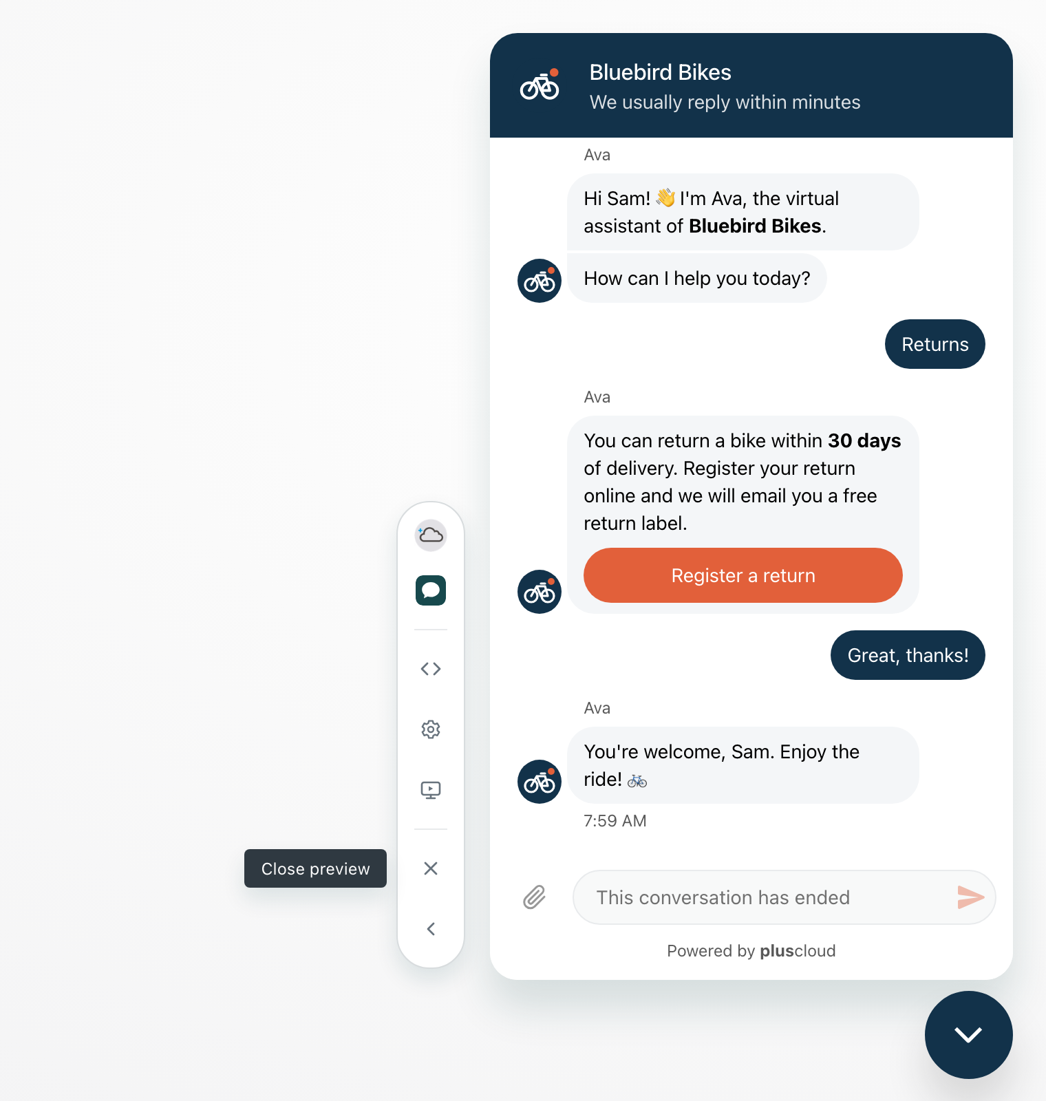 In the example, a finished conversation of the fictional shop Bluebird Bikes in the Web Widget preview: a question about returns, the answer with the button Register a return, and a thank-you. The message field is greyed out and reads This conversation has ended. The toolbar has only the buttons for the channel, inspector, settings, presentation mode, close preview and hide tools; the tooltip reads Close preview.