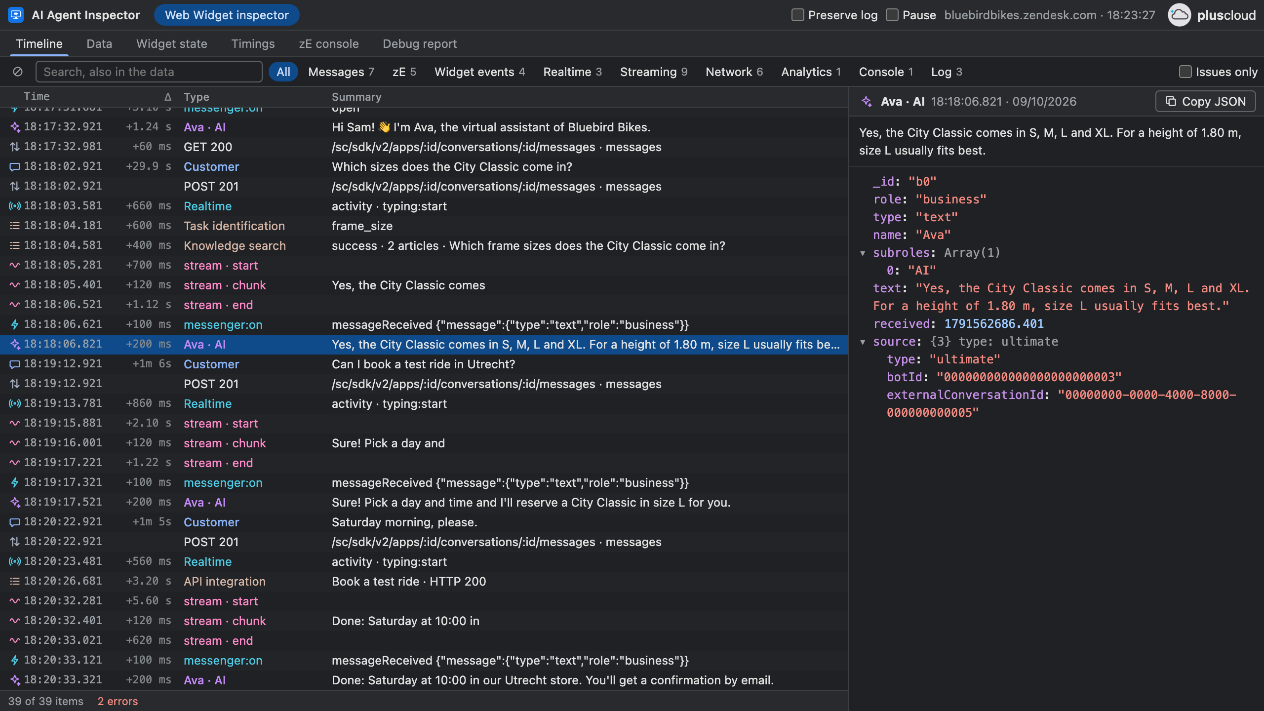 In the example, the Timeline view of the AI Agent Inspector tab, with filters for messages, zE calls, widget events, realtime, streaming, network, analytics, console and log, and Issues only. The list shows the customer messages of the fictional shop Bluebird Bikes, typing events, task identification, a knowledge search, stream chunks, and an API integration called Book a test ride with HTTP 200, about 3 seconds after typing started; the answer began to stream 5.6 seconds later. The selected AI agent message is shown as JSON on the right.