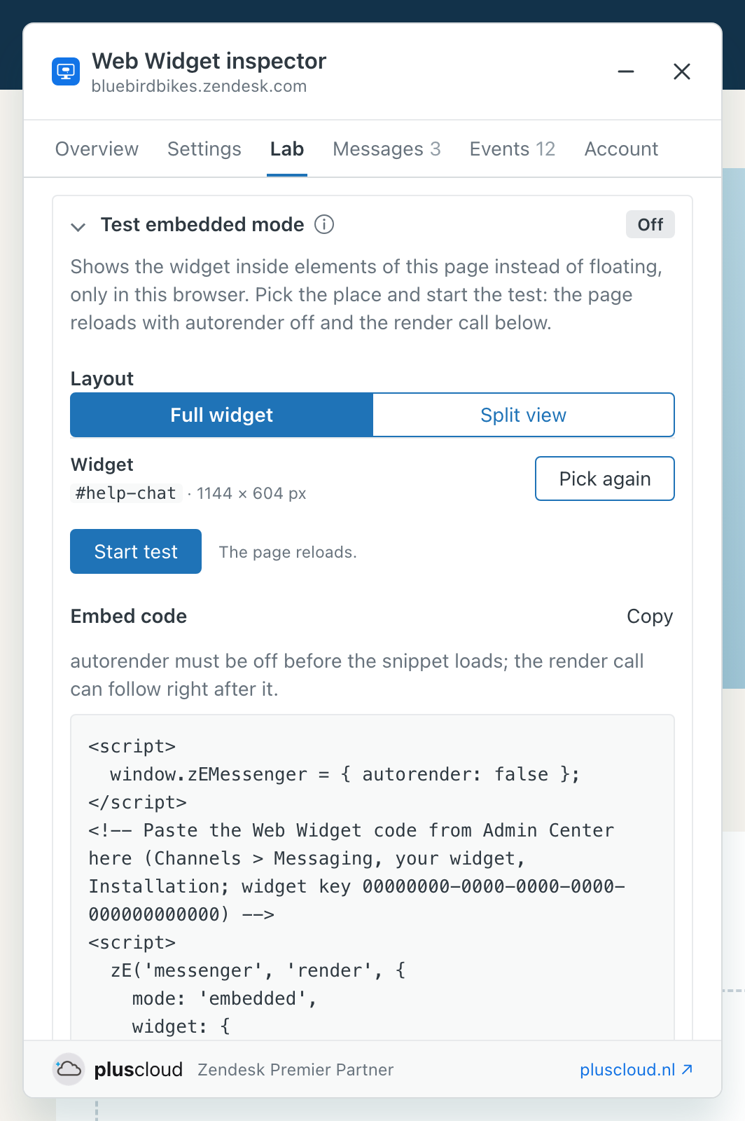 In the example, the Lab tab of the Web Widget inspector with Test embedded mode open. Layout is set to Full widget, the picked element is #help-chat at 1144 by 604 pixels, and the buttons Pick again and Start test are shown. Under Embed code, with a Copy button, are the hint about autorender and the code: autorender false, a comment line with a widget key of zeros, where the snippet from Admin Center goes, and the render call with mode embedded and target #help-chat.